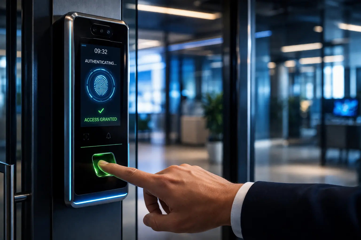 Biometric fingerprint access control scanner displaying an access granted confirmation, reflecting the secure-access standards government facilities require