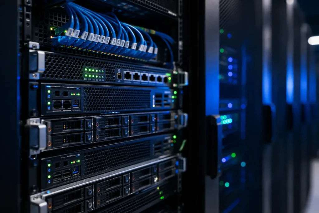 Enterprise server rack close-up with organized cable management and status LEDs