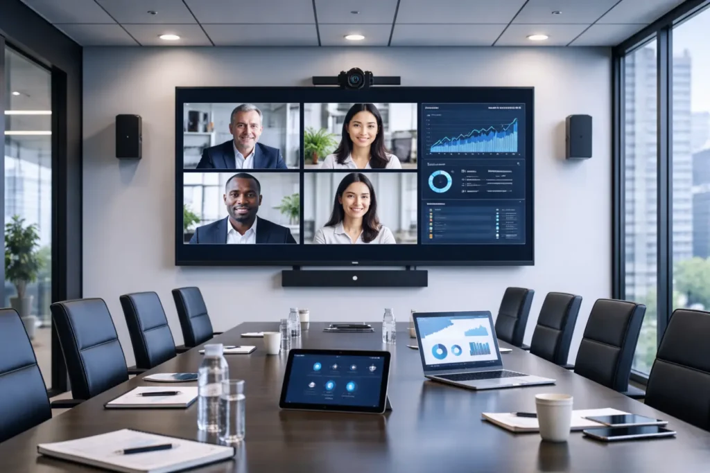 Executive leadership team reviewing strategic technology roadmap and performance dashboards during a video conference