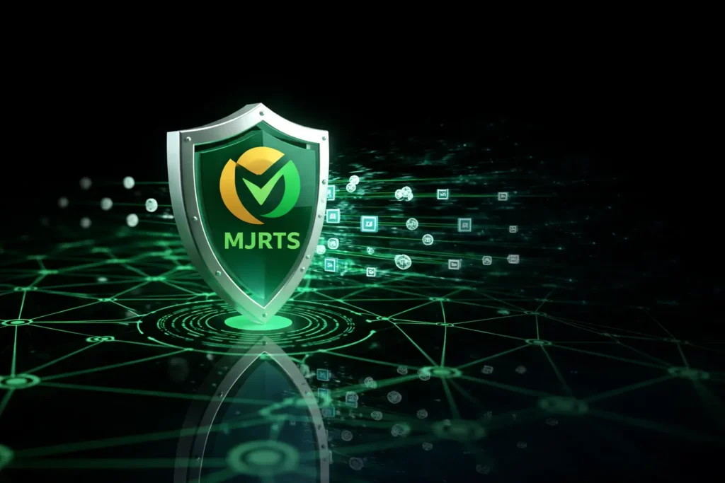 Network security shield rendering with the MJR Technology Solutions logo over a dark network-node background