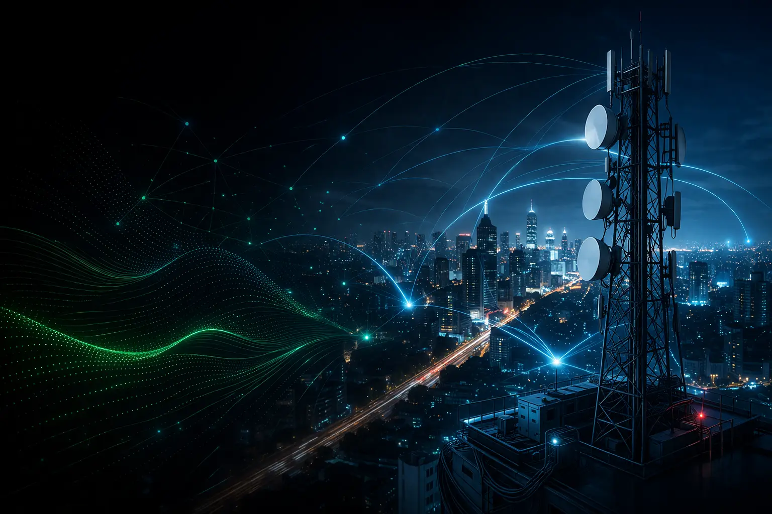 Nighttime city skyline with a cell tower and network connectivity graphic overlay, representing MJR Technology Solutions' reach across every sector